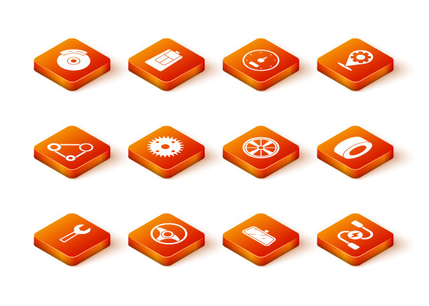 设置扳手扳手，方向盘，同步带套件，齿轮，汽车后视镜，合金，电池跳线和轮胎图标。向量图片下载