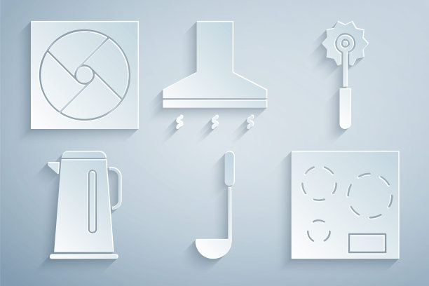 设置厨房勺子，披萨刀，带把手水壶，电炉，排气扇和通风图标。向量图片下载