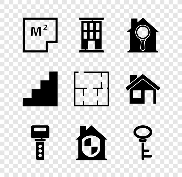 设置房屋平面图，搜索房屋，钥匙，受保护，楼梯和图标。向量图片下载