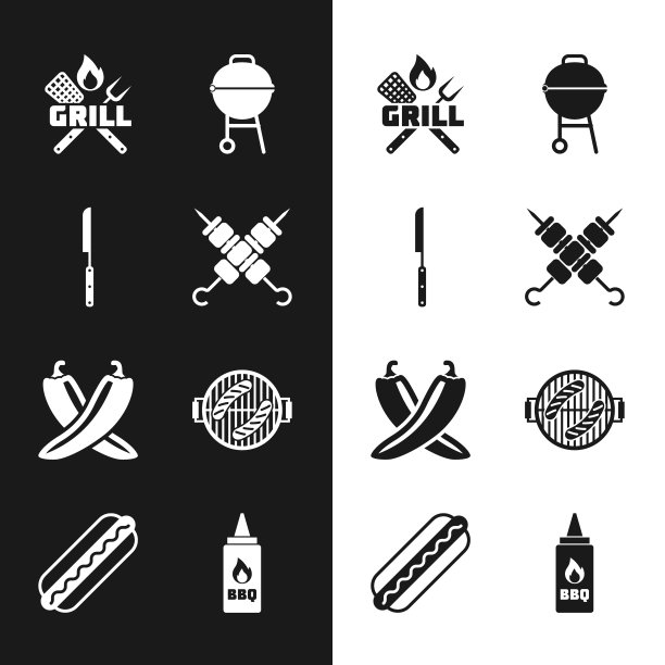 设置烤羊肉串，烧烤刀，叉和铲，烧烤，辣椒豆荚，香肠，番茄酱和热狗三明治图标。向量图片下载