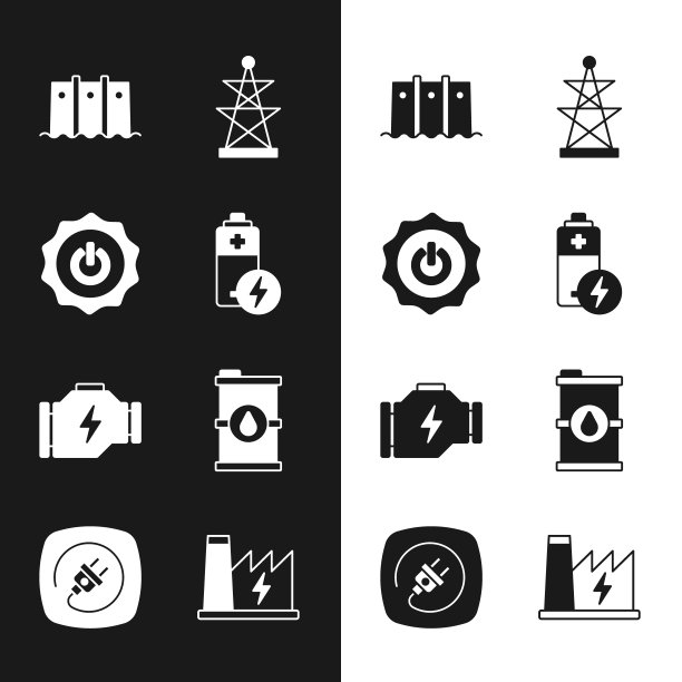 设置电池，电源按钮，水电大坝，电力塔，检查发动机，生物燃料桶，核电站和插头图标。向量图片下载