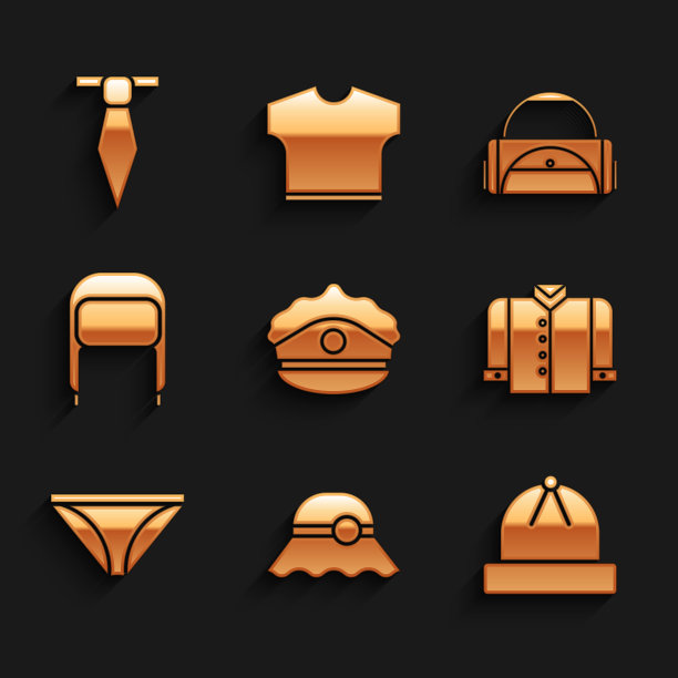 设置有帽徽的警帽，优雅的女士帽，冬季，t恤，男士内裤，耳盖，运动包和领带图标。向量图片下载