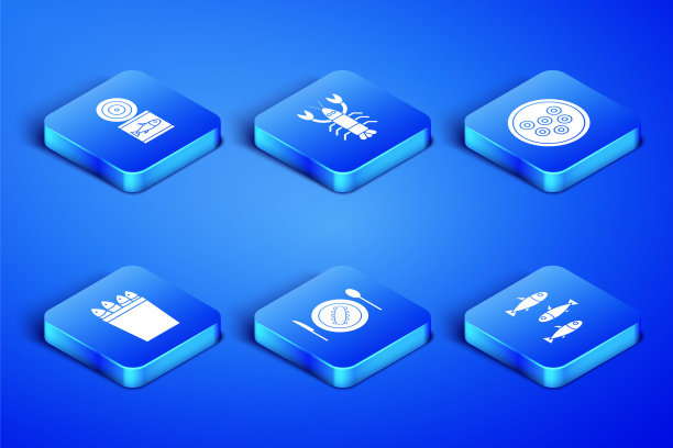 集鱼，鱼罐头，盛黄瓜盘，鱼桶，龙虾和鱼子酱图标。向量图片下载