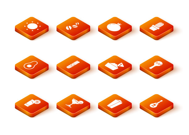 设置柠檬龙舌兰杯，玛格丽塔鸡尾酒，鳄梨水果，雪茄，墨西哥卷饼，玉米片在碗，墨西哥吉他和沙球图标。向量图片下载