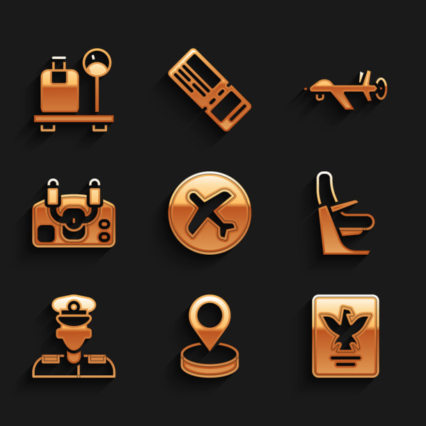 设置飞机，位置，护照，飞机座位，飞行员，飞机舵机，无人机无人机和规模手提箱图标。向量图片下载