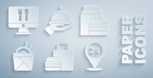 设置在线订购汉堡外卖，和，亚洲面条筷子，24小时，覆盖托盘的食物和图标。向量图片下载