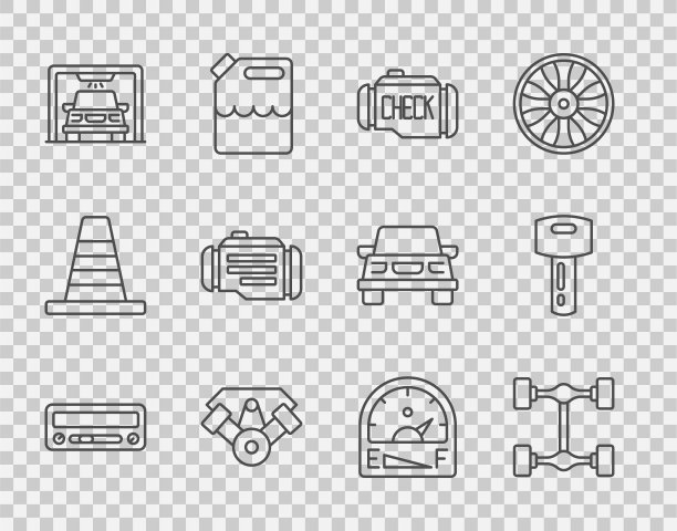 设置行汽车音频，底盘汽车，检查引擎，电源，清洗，汽车汽油表和钥匙与远程图标。向量图片下载