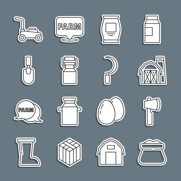 设置线满袋，木斧，农场，肥料袋，牛奶罐容器，花园铲子铲，割草机和镰刀图标。向量图片下载