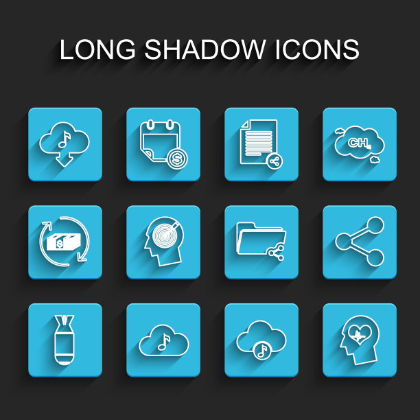 设置线航空炸弹，音乐流媒体服务，云下载音乐，头与心跳，狩猎概念，共享和文件夹图标。向量图片下载