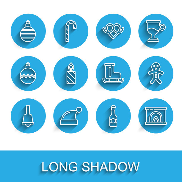 圣诞铃铛、圣诞老人帽子、香槟酒瓶、室内壁炉、节日姜饼人饼干和溜冰鞋图标矢量素材图片下载