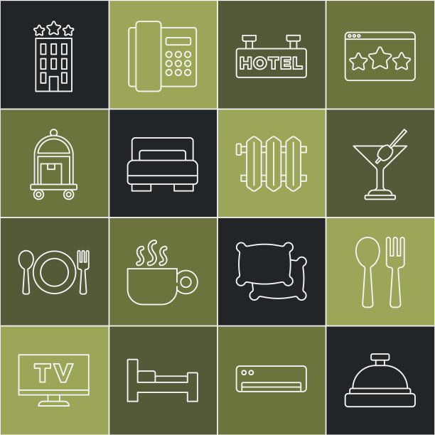 集酒店服务铃、餐叉、马提尼酒杯、文字招牌、客房床、箱包、建筑及暖气散热器图标于一体。向量图片下载