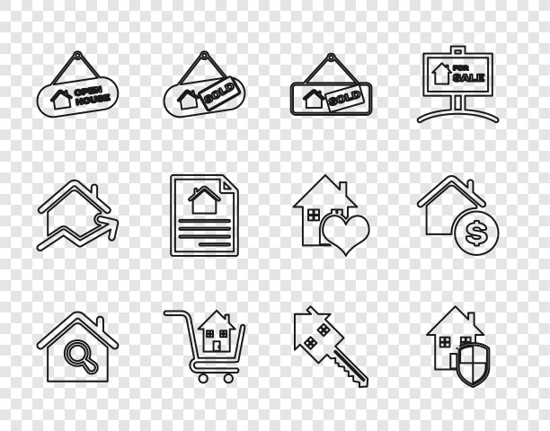 设置线搜索房子，房子在保护下，悬挂标志售出，购物车，打开，合同，钥匙和美元图标。向量图片下载