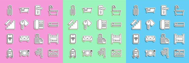 设置星级点评、酒店客房床、空调、门把手、门锁钥匙、楼梯、行李箱和电话手机图标。向量图片下载