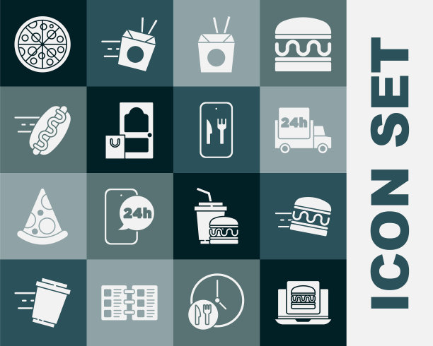 设置在线订购汉堡外卖，快速的汽车，亚洲面条和筷子，热狗，披萨和图标。向量图片下载