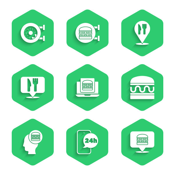 设置在线订购汉堡外卖，食品，汉堡，和，咖啡厅餐厅位置，和甜甜圈图标。向量图片下载