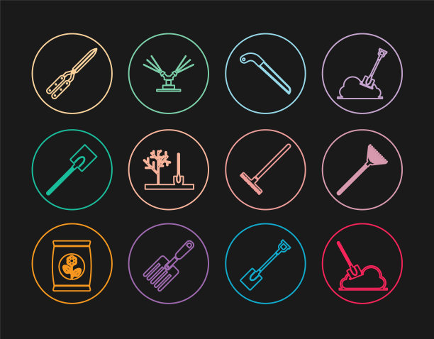 设置在地面的线铲，花园耙的叶子，锯，种植树，铲，园艺手工剪刀，和自动灌溉喷头图标。向量图片下载