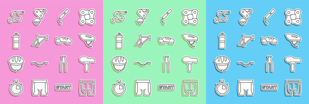 设置线自行车短裤，自行车座椅，头盔，气泵，框架，运动瓶子与水，瑞士军刀和鞋的图标。向量图片下载