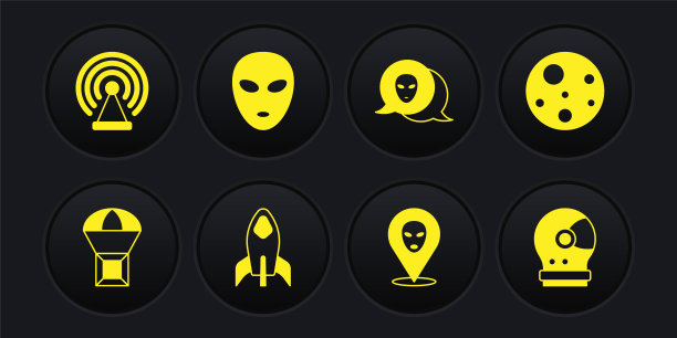 设置盒飞行降落伞，行星火星，火箭船，外星人，宇航员头盔和雷达图标。向量图片下载