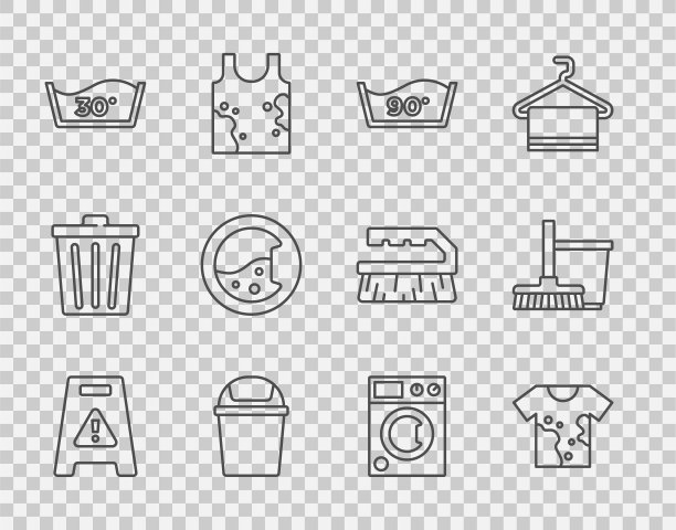 设置线湿地板，脏t恤，温度洗涤，垃圾桶，洗衣机，拖把和水桶图标。向量图片下载