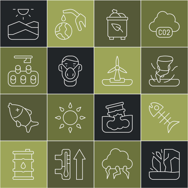设置线冰川融化，死鱼，龙卷风，回收站与回收，面对保护面具，砍伐森林，干旱和风力涡轮机图标。向量图片下载