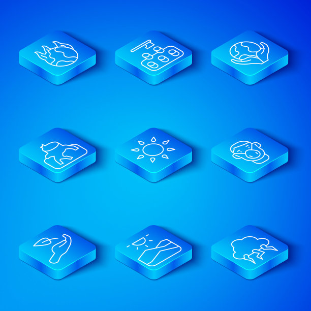 设置线苗在手中，太阳，干旱，脸保护面具，手握地球，森林砍伐，全球变暖火灾和风暴图标。向量图片下载