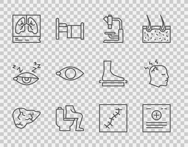 集肝炎病毒，临床记录，显微镜，便秘，肺x光片，失明，疤痕缝合，头痛图标。向量图片下载