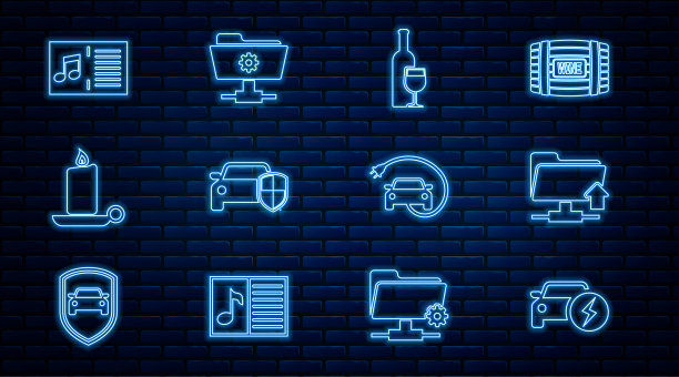 设置线电动汽车，FTP文件夹上传，酒瓶带玻璃，汽车保护或保险，燃烧蜡烛烛台，音乐笔记，设置图标。向量图片下载