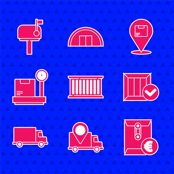 设置集装箱，送货跟踪，信封与欧洲标志，木制盒子检查标记，货运卡车车辆，规模纸板，位置和邮件图标。向量图片下载