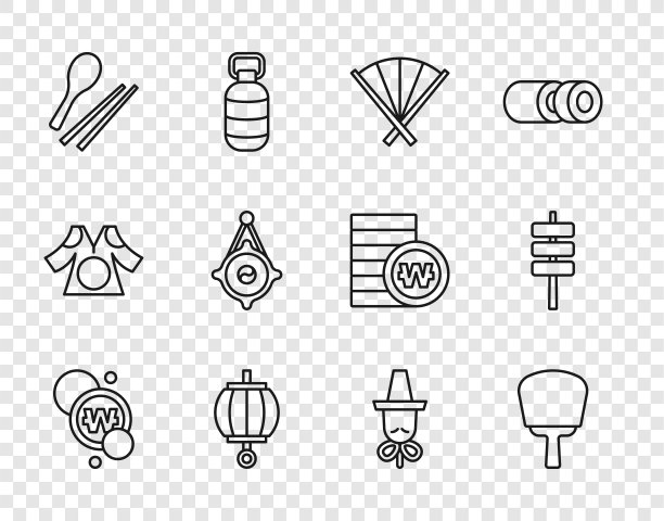 设置韩国圆硬币，手扇，传统，灯笼，食物筷子，帽子和食物的风筝会图标。向量图片下载