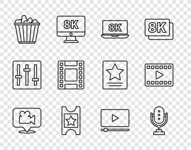 设置线摄像头和位置，麦克风，8k笔记本电脑，电影票，爆米花盒，播放视频，在线播放视频和图标。向量图片下载