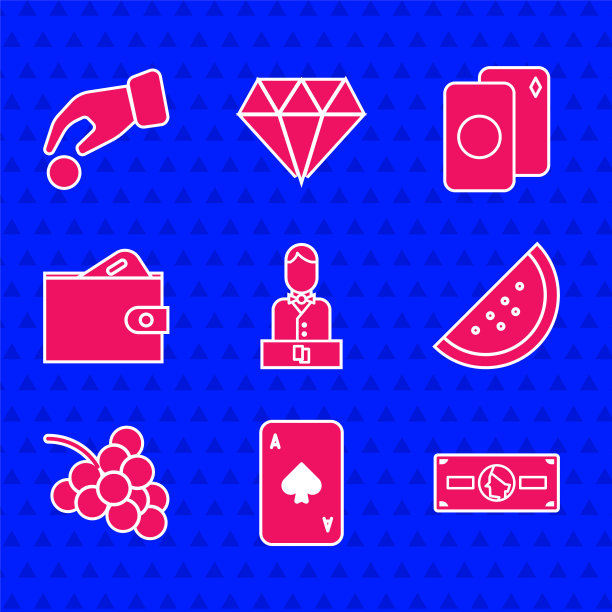 设置赌场庄家，与黑桃打牌，叠纸钱现金，老虎机西瓜，葡萄，钱包，扑克牌和手握赌场筹码图标。向量图片下载