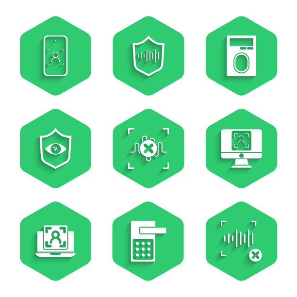 设置拒绝语音识别，数字门锁，脸，笔记本电脑与脸，盾眼扫描，指纹和手机和图标。向量图片下载