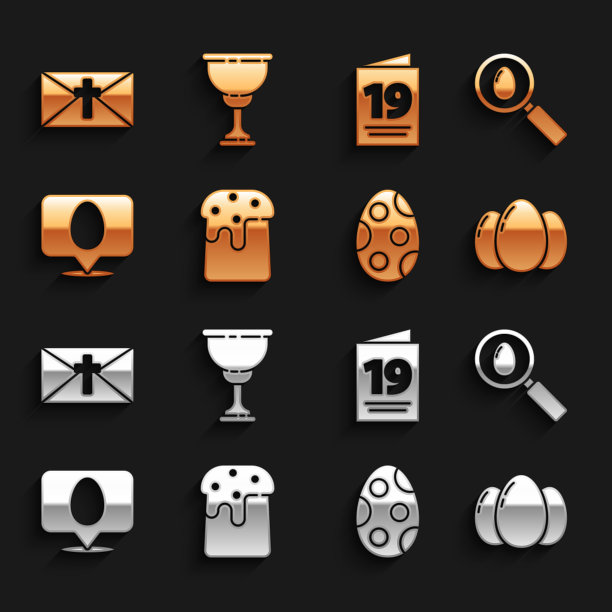 设置复活节蛋糕，搜索复活节彩蛋，彩蛋，语音泡泡，贺卡快乐，基督教圣餐杯图标。向量图片下载