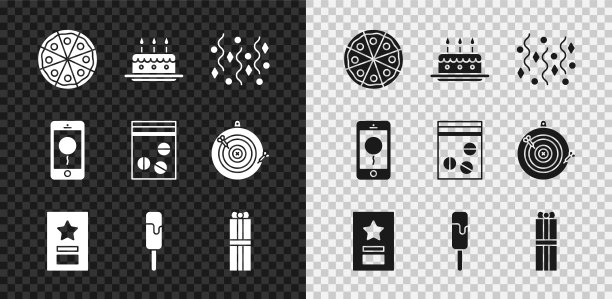 集披萨，蛋糕与燃烧的蜡烛，节日五彩纸屑，贺卡，冰淇淋，礼盒，手机生日信息和塑料袋的药物图标。向量图片下载