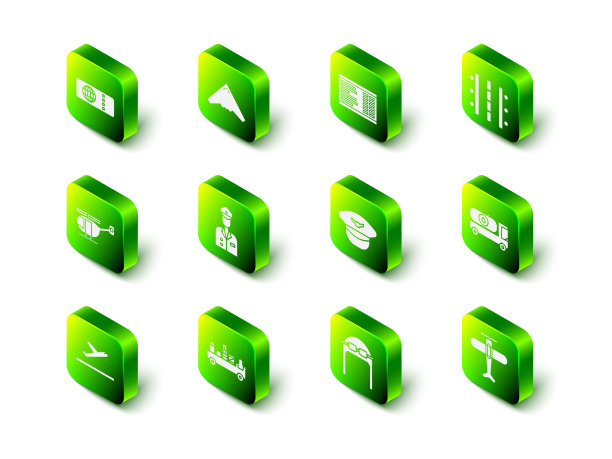 设置喷气式战斗机，机场板，跑道，油罐车，飞机，飞行员帽子，飞行员的护目镜和行李拖图标。向量图片下载