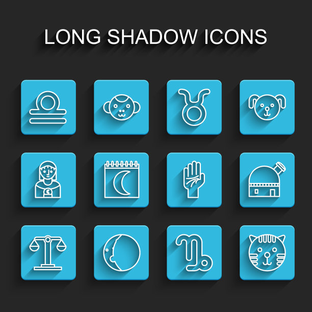 设置线天秤座，日蚀，摩羯座，虎，月相日历，天文观测台和手相象。向量图片下载