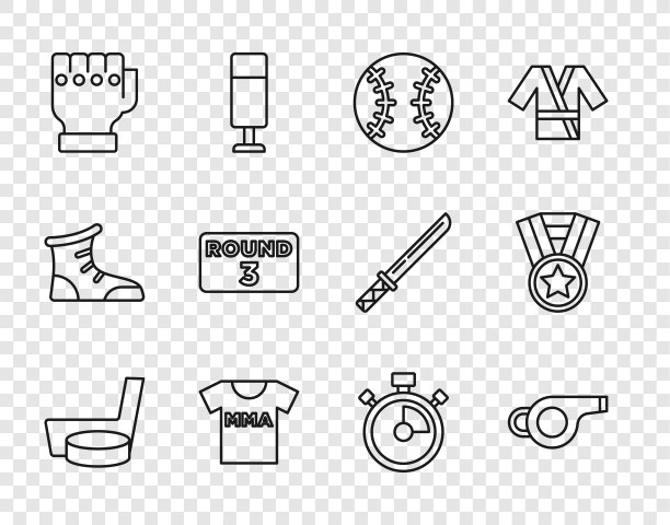 设置线冰球棍和冰球，口哨，棒球，t恤与搏击俱乐部综合格斗，手套，拳击台板，秒表和奖牌图标。向量图片下载