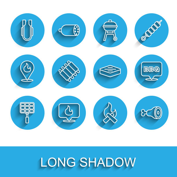 设置线烧烤钢网格，位置与火焰，肉钳，篝火，鸡腿，烤猪肉烧烤排骨，和牛排肉图标。向量图片下载