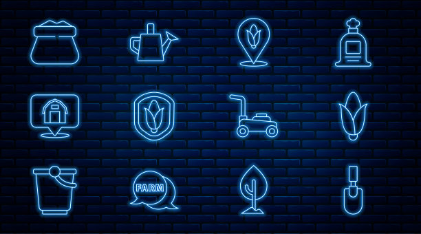 设置线花园镘铲或铁锹，玉米，定位玉米，盾，农场，满袋，割草机和洒水罐图标。向量图片下载