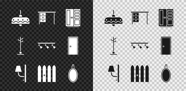 设置吊灯，办公桌，衣柜，壁灯，花园栅栏木，镜子，衣帽架和Led轨道灯图标。向量图片下载