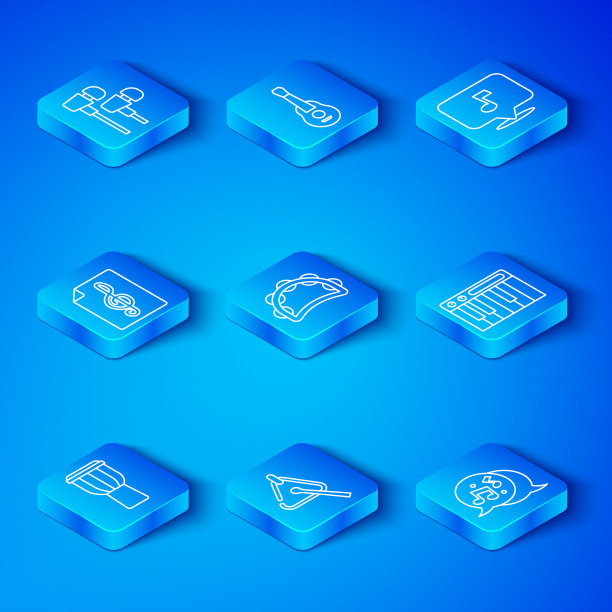 设置线鼓，铃鼓，三角形，音乐合成器，音符，音调，高音谱号，空气耳机和图标。向量图片下载