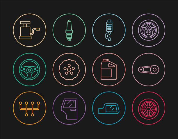 设置线车轮，同步带套件，消声器，齿轮，转向装置，气泵，汽缸机油和火花塞图标。向量图片下载