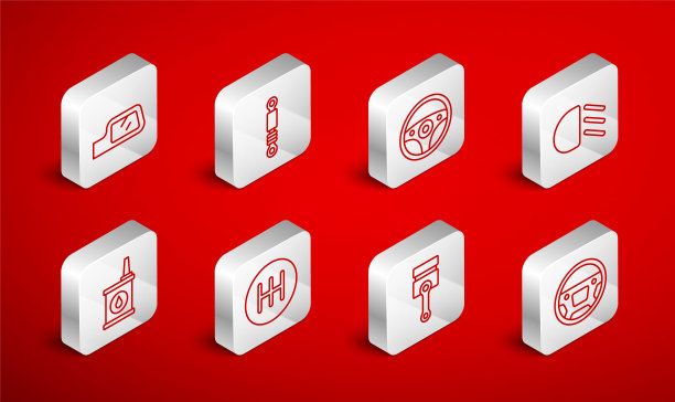 设置线方向盘，减震器，远光灯，发动机活塞，汽车后视镜，变速杆和油箱机油图标。向量图片下载