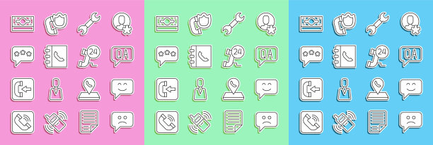 设置线悲伤的微笑，微笑的脸，问题和回答，扳手扳手，电话簿，语音气泡聊天，叠纸钱现金和电话24小时支持图标。向量图片下载