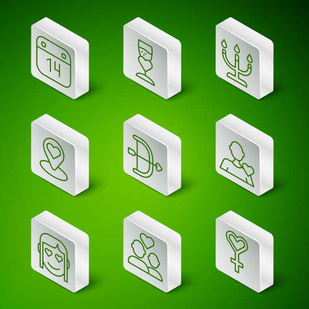 设置线女性性别符号，情人夫妇，日历与2月14日，弓和箭，位置心，香槟，浪漫的女孩和图标。向量图片下载