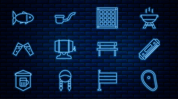 设置线牛排肉，口琴，格子餐巾，木桶架，啤酒，鱼，长凳和吸烟管图标。向量图片下载