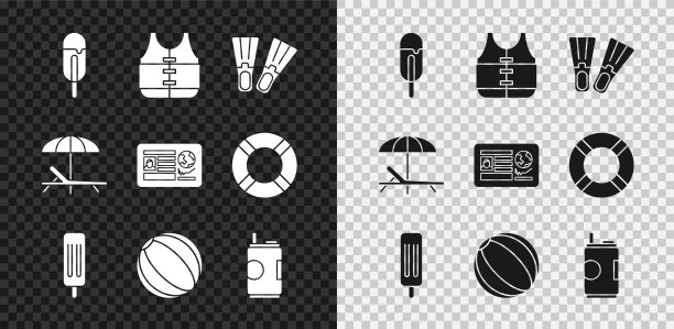 设置冰淇淋，救生衣，橡胶脚蹼，沙滩球，苏打罐，日光浴床和雨伞和护照与签证印章图标。向量图片下载