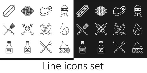 烧烤火焰，火，牛排肉，烤羊肉串，交叉刀和刮刀，热狗三明治，辣椒辣椒豆荚和烧烤与香肠图标。向量图片下载