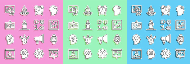 设置线黑板与图表，智能手表，财务增长，闹钟，发言人，身份徽章，证书模板和规划策略图标。向量图片下载