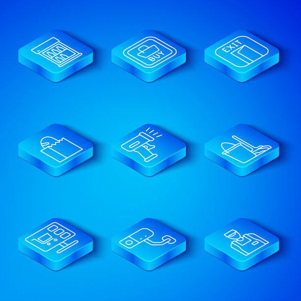 在电脑上设置购物车，扫描仪扫描条形码，安全摄像头，拖把和水桶，消防出口，面包纸袋，商用冰箱和卖家图标。向量图片下载